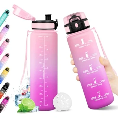 Abbildung von Trinkflasche 1L, Wasserflasche mit Zeitmarkierung, Filter, Auslaufsicher, BPA frei, Sportflasche für Fitness, Fahrrad, Büro, Schule, Outdoor, Yoga, Erwachsene, Sprudel geeignet