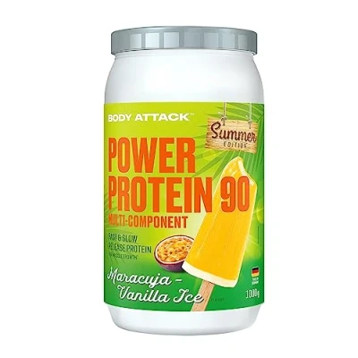 Abbildung von Body Attack POWER Protein 90 Maracuja Vanilla Ice 1kg Dose Mehrkomponenten Pulver, Made in Germany Mit BCAA, Vitaminen &amp; L Carnitin Shake extra cremiger Geschmack