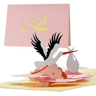 Abbildung von Karte zur Geburt MädchenGlückwunschkarte mit Pop up Vogel Storch für Mama und PapaGutschein Geschenk von Tochter EnkelinG23.3