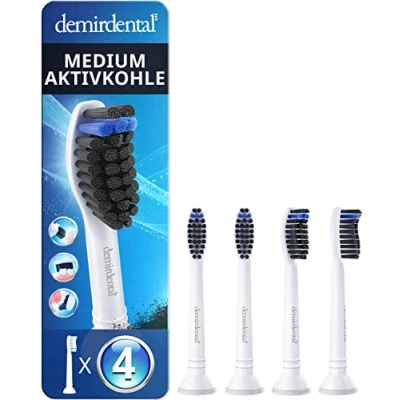 Abbildung von 4er demirdental Aktivkohle Aufsätze passend für Philips Sonicare Ersatzbürsten, Medium Bürstenköpfe natürliche Reinigung, Weiß, entspricht HX9054m