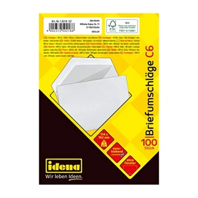 Abbildung von Idena 10218 Briefumschläge C6, 75 g/m², nassklebend, ohne Fenster, weiß, 100 Stück