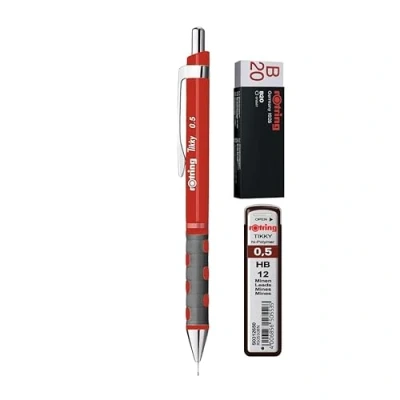 Abbildung von rOtring Tikky Druckbleistift, roter Schaft, + 12 Nachfüllminen HB 0,5 mm, B20 Rapid Eraser