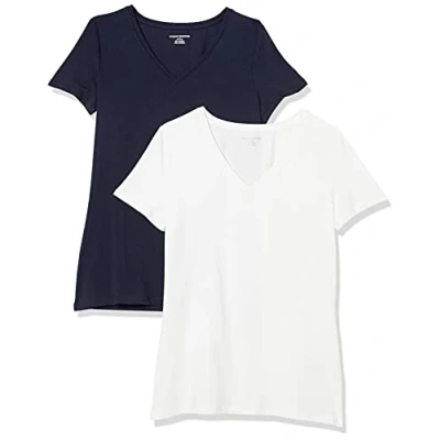 Abbildung von Amazon Essentials Damen Kurzärmeliges T Shirt mit V Ausschnitt, Klassischer Schnitt, 2er Pack, Marineblau/Weiß, S