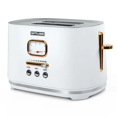Abbildung von Muse Edelstahl Toaster im weißen Retro Design, analoge Anzeige, beleuchtete Tasten, 6 Bräunungsstufen, 2 Scheiben, MS 130 W, Vintage Look, mit Krümelschublade