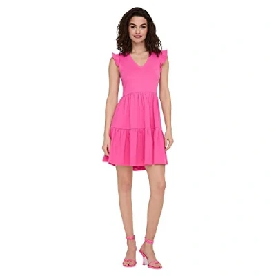 Abbildung von ONLY Damen Kurzes Rüschen Kleid Kurzarm Mini Dress mit V Ausschnitt aus Baumwolle ONLMAY, Farben:Pink, Größe:L