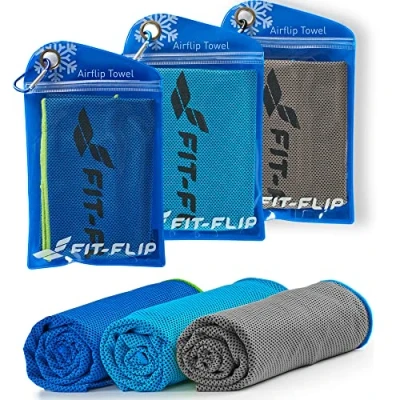 Abbildung von Fit Flip Kühlhandtuch 3er Set Cooling Towel und mikrofaser Kühltuch kühlendes Handtuch Airflip für Fitness Sport Ice (dunkel blau grün/grau blau/blau dunkel blau, 100x30cm)