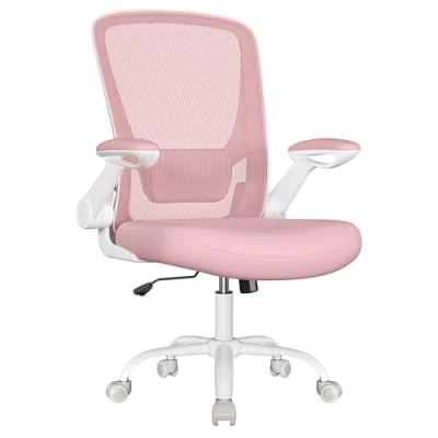 Abbildung von SONGMICS Bürostuhl ergonomisch, Drehstuhl mit Mesh, Lendenstütze, Wippfunktion, 53 cm große Sitzfläche, klappbare Armlehnen, Arbeits und Schlafzimmer, Studenten, pastellrosa OBN037R01