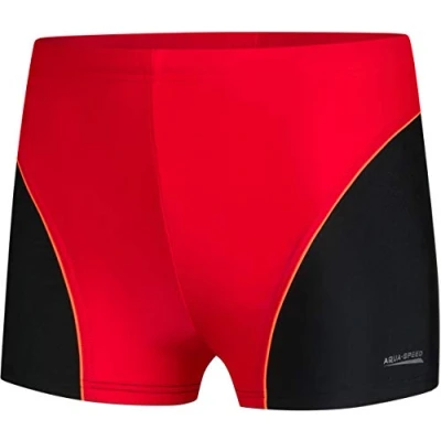 Abbildung von Aqua Speed Enge Badehosen Jungen + gratis eBook Kinder Schwimmhose Swimwear Schwimmbekleidung UV Badepants Gr. 152 16. Rot Schwarz Leo