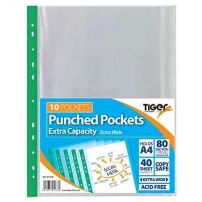 Abbildung von Tiger Sationery Klarsichthüllen, stabil, Polypropylen, mehrfach gelocht, A, transparent, Clear/Multicolour, A4 Extra Capacity x 10