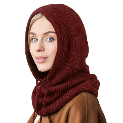 Abbildung von DRESHOW Wintermützen für Damen Balaclava Strickmütze Skull Cap mit Kordelzug Warmer Kapuzenschal Mütze