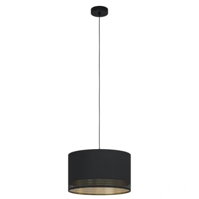 Abbildung von EGLO Pendelleuchte Esteperra, 1 flammige Hängelampe Vintage, Retro, Hängeleuchte aus Stahl und Textil in Schwarz, Gold, Esstischlampe, Wohnzimmerlampe hängend mit E27 Fassung, Ø 38 cm