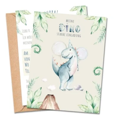 Abbildung von MeinBaby123® 10 Einladungskarten Kindergeburtstag Jungs süße Geburtstagseinladungen für Kinder Dinosaurier inkl. Briefumschläge Premium Qualität (Dino V4)