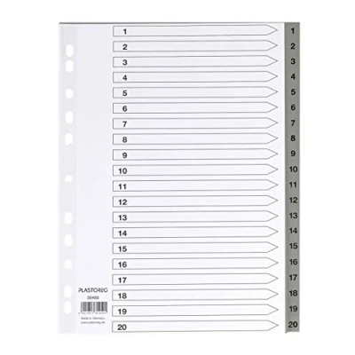 Abbildung von 5er Set 20 teiliges Register/Trennblätter aus PP, DIN A4 mit Zahlen 1 20, volldeckend + praktischem Deckblatt stabilem Papier zum Beschriften. Trenn Blätter für die Ordner Organisation im Büro