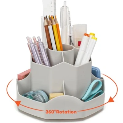 Abbildung von Euqvunn Drehbarer Schreibtisch Organizer, Stiftehalter Kinder mit 9 Fächern, 360 Stifte Organizer Platzsparender Schreibtisch, Moderne Zubehör Ordentlich(Grau)