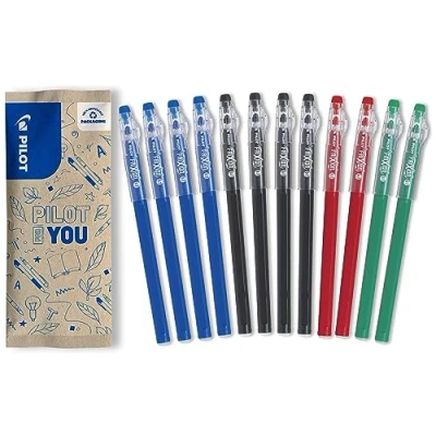 Abbildung von Pilot 12 Frixion Ball Stick radierbare Gel Tinte 4 blau, schwarz, 2 rot, grün Der Economy mit mittlerer Spitze zum Verstauen des Federmäppchens Schulbedarf