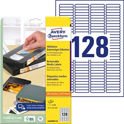 Abbildung von AVERY Zweckform L6020REV 25 Etiketten für Dias (3.200 Aufkleber, 43,2x8,5mm auf A4, bedruckbar, selbstklebend, wiederablösbar, Dias, VHS /C Videokassetten, Mini DV und DAT) Blatt, weiß