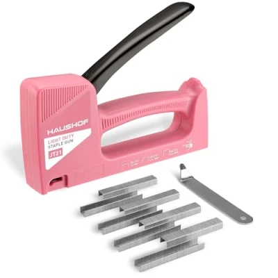 Abbildung von HAUSHOF Handtacker Tackerpistole Pink, Polsterung Heftpistole Holztacker für Klammern Typ 53, mit 800 8mm und Klammerentferner Holz, Stoff, Möbel