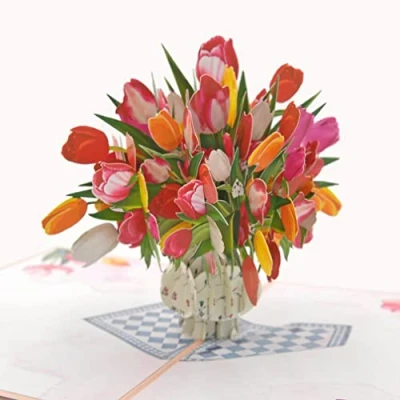 Abbildung von Favour Pop Up® 3D ein prachtvoller Blumenstrauss in Vase, zum Geburtstag, Jubiläum, auch für Geldgeschenk oder Gutschein. TF091