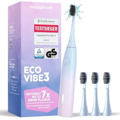 Abbildung von happybrush Elektrische Zahnbürste ECO VIBE Sunrise [Testsieger] Starterset Schallzahnbürste mit 6 Wochen Power Akku inkl. 3 Aufsteckbürsten Pastelltöne