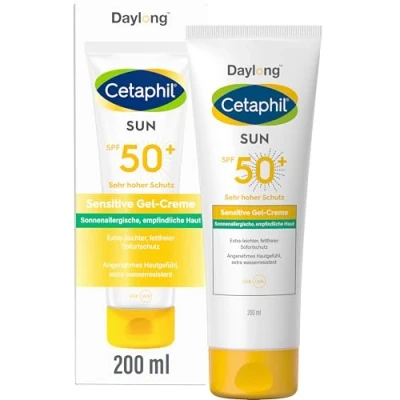 Abbildung von CETAPHIL SUN Sensitive Gel Creme SPF 50+, 200ml, Sonnencreme für empfindliche, zu Sonnenallergie und Mallorca Akne neigende Haut, Extra leichter, fettfreier Sonnenschutz, Frei von Parfüm &amp; Emulgatoren