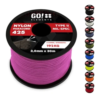 Abbildung von GO!elements 30m Paracord Seil aus reißfestem Nylon 3mm 425 Typ II max. 192kg Schnüre als Outdoor Seil, Allzweckseil, Survival Armband, Hundeleine, Nylonschnur, Farbe:Pink