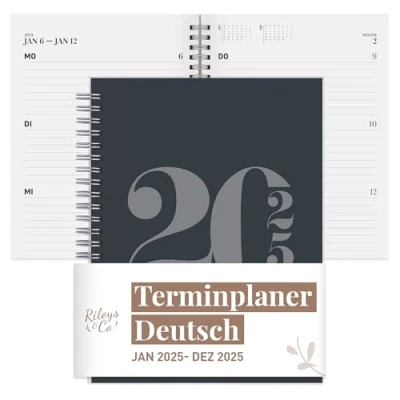 Abbildung von Rileys &amp; Co 2025 Planer Typografisch Monatlicher und Wöchentlicher Agenda Planer, Flexibler Einband, Doppelspiralbindung, Notizseiten, 20,3 x 15,2 cm (8 6 Zoll), Schwarz auf Deutsch