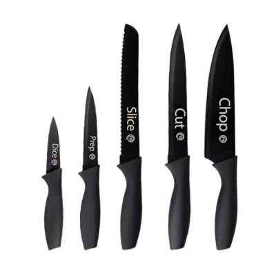 Abbildung von MasterChef Messerset, Küchenmesser Set ink. Kochmesser, Gemüsemesser, Schälmesser, Schneidemesser &amp; Brotmesser, Scharfe Messer Edelstahl, Antihaftbeschichtete, Soft Touch Griffe, 5 teilig, Schwarz