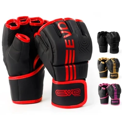 Abbildung von EVO Fitness MMA Handschuhe, Martial Arts Grappling Sparring für Herren, Muay Thai Käfig, Kampfsport, Damen, Rosa, UFC, Boxsack, Training (Rot, M)