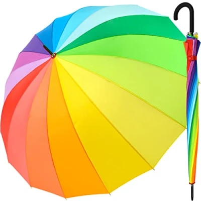 Abbildung von iX brella Regenschirm XXL Regenbogen 129 cm Fiberglas, leicht, bunt, groß mit Rundhakengriff