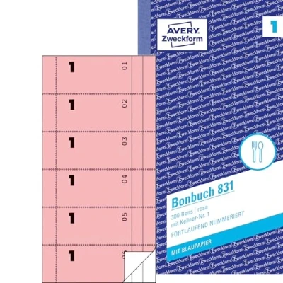 Abbildung von AVERY Zweckform 831 Bonbuch (105x198mm, 300 Bons mit Kellner Nr. 1, einem Blatt Blaupapier und je Durchschlag, 1 Block Stück, ideal für den Gastronomiebedarf) rosa/weiß