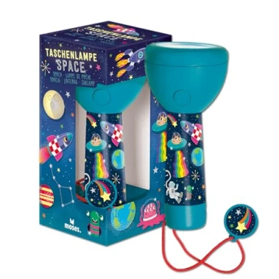 Abbildung von moses. Space Taschenlampe, kompakte und robuste Kindertaschenlampe im Weltraum Design mit 4 LEDs, wiederaufladbare Akku Taschenlampe Deko Anhänger, Geschenk für Kinder ab Jahren