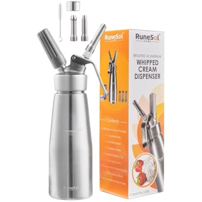 Abbildung von Runesol Sahnespender Aluminium 500ml, Auslaufsicherer Einfach Reinigen weihnachtsgeschenke Sahnesyphon, Professionelle Sahnesprüher für Desserts, Schlagsahne mit 3 Edelstahl Deko Düsen, Sahnesiphon