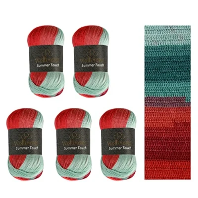 Abbildung von Wollbiene Summer Touch Batik 5 x 100 Gramm Wolle Mehrfarbig mit Farbverlauf, 500 merzerisierte Strickwolle Microfiber Acryl (514 grün rot)