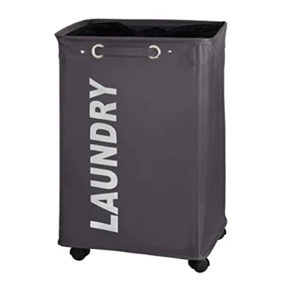 Abbildung von WENKO Wäschesammler Quadro Grau, Stabiler schmaler Wäschekorb mit Vier leichtgängigen Rollen und Deckel, Wäschetruhe aus 100% Polyester, Fassungsvermögen 79 Liter, (B x H T): 40 60 33 cm