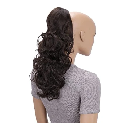 Abbildung von CAISHA 45cm Lang Haarteil Zopf Pferdeschwanz Haarverlängerung Mit Kordelverschluss Voluminös Gelockt Schokobraun PH20