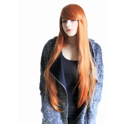 Abbildung von Prettyland Damen voluminös Langhaar Perücke lange Glatte Wig für halloween Manga in Kupfer Rot Orange mit Pony C360