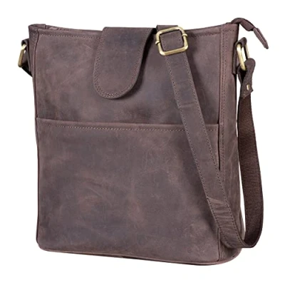 Abbildung von LEABAGS Leder Handtasche Damen I Premium Echtleder Umhängetasche Schultertasche Damentasche Tragetasche für Arbeit Uni Schule Freizeit Größe L (31 x 23 6 cm) Nature Dunkelbraun