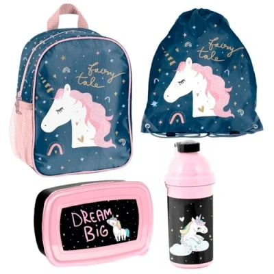 Abbildung von Unicorn Einhorn Kindergarten Rucksack Set 4tlg. mit Brotdose, Trinkflasche und Turnbeutel Be Magical