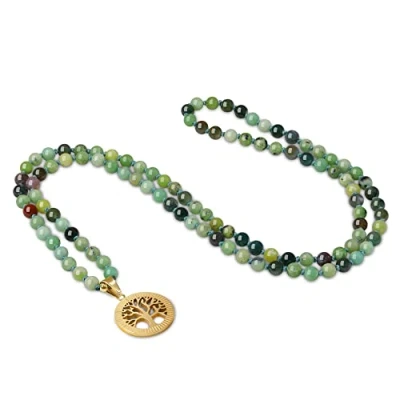 Abbildung von COAI Geschenkideen Verknotete 108 Malakette Gebetskette aus Australischer Jade Chrysopras und Indischem Achat mit Lebensbaum Charm