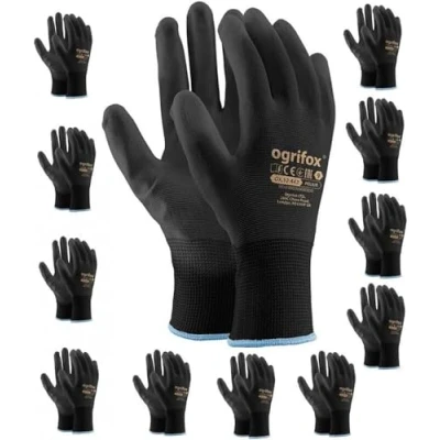 Abbildung von 12 Paar PU schwarz beschichtet Nylon Arbeitshandschuhe. Garten , Builders, Mechaniker