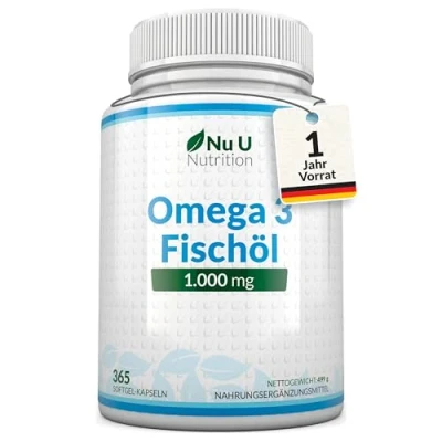Abbildung von Omega 3 Fischöl 1000mg 365 Softgelkapseln Reines aus Nachhaltigem Fischfang 900mg EPA &amp; DHA pro dosiert Nu U Nutrition