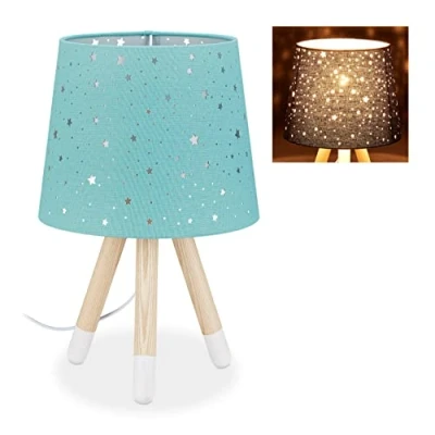 Abbildung von Relaxdays Tischlampe Kinderzimmer, Nachttischlampe Sterne, Jungen &amp; Mädchen, E14, runder Stoffschirm, 40 cm hoch, mint