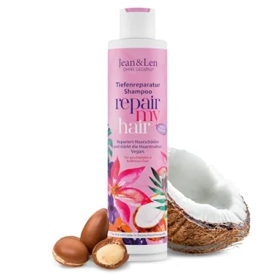 Abbildung von Jean &amp; Len Shampoo Repair Kokosöl Macadamia, für geschädigtes kraftloses Haar, beugt Feuchtigkeitsverlust vor, repariert Haarschäden, Kokos Duft, ohne Parabene Silikone, vegan 300 ml