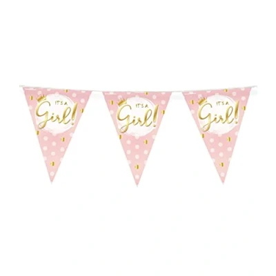 Abbildung von PD Party 7031029 Foil Bunting It&#039;s a girl, Rosa/Gold, Doppelt Seitige, Dreieckig, Folie Wimpelkette, 1000cm Länge X 30cm Breite 0.1cm Höhe