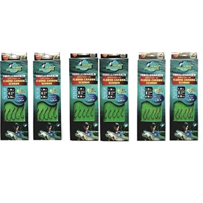 Abbildung von Set: 2 6 Packungen gebundene Forellenhaken (10 30 Stück) an Fluoro Carbon Schnur Vorfach, Hakengröße 4, &amp; 8 von Behr + gratis Petri Heill! Aufkleber (Mix. Pack Gr. 8)