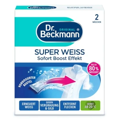 Abbildung von Dr. Beckmann Super Weiß entfernt Grauschleier hilft gegen Vergilbungen die Wäsche wird wieder strahlend 2 x 40 g