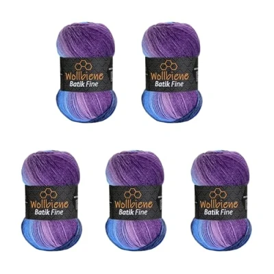Abbildung von 5 x 100g Wollbiene Batik Fine 500 Gramm Wolle mit Farbverlauf mehrfarbig Multicolor Strickwolle Häkelwolle (5900 lila beere blau)
