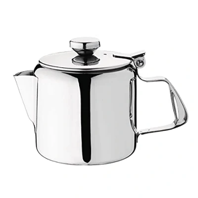 Abbildung von Olympia Concorde Teekanne aus Edelstahl, 410 ml/14 oz, Silber, doppelschichtiger hitzebeständiger Griff, hochglanzpolierte Spiegeloberfläche, spülmaschinenfest, kompakte Teekanne, K677