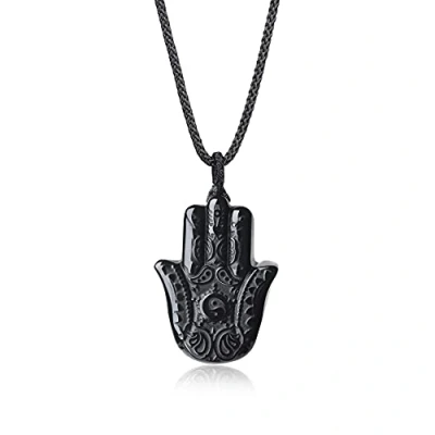 Abbildung von COAI Geschenkideen Verstellbare Lange Kette aus Obsidian Anhänger mit Gravur Hand der Fatima Halskette für Damen und Herren