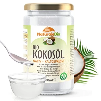 Abbildung von bio Kokosöl 1000ml Nativ. kaltgepresst und Rein. Herkunftsland Sri Lanka. Organic Raw Virgin Coconut Oil. NaturaleBio